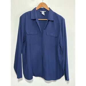 Anna and Frank Silk Navy Blue Button Up Shirt L Classic Old Money Quite Luxury